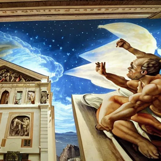 Prompt: Sistine chapel with a star wars painting, realistic, on the roof,