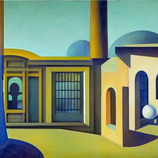 Image similar to biomorphic architecture, fantastical courtyard, grant wood, pj crook, edward hopper, oil on canvas