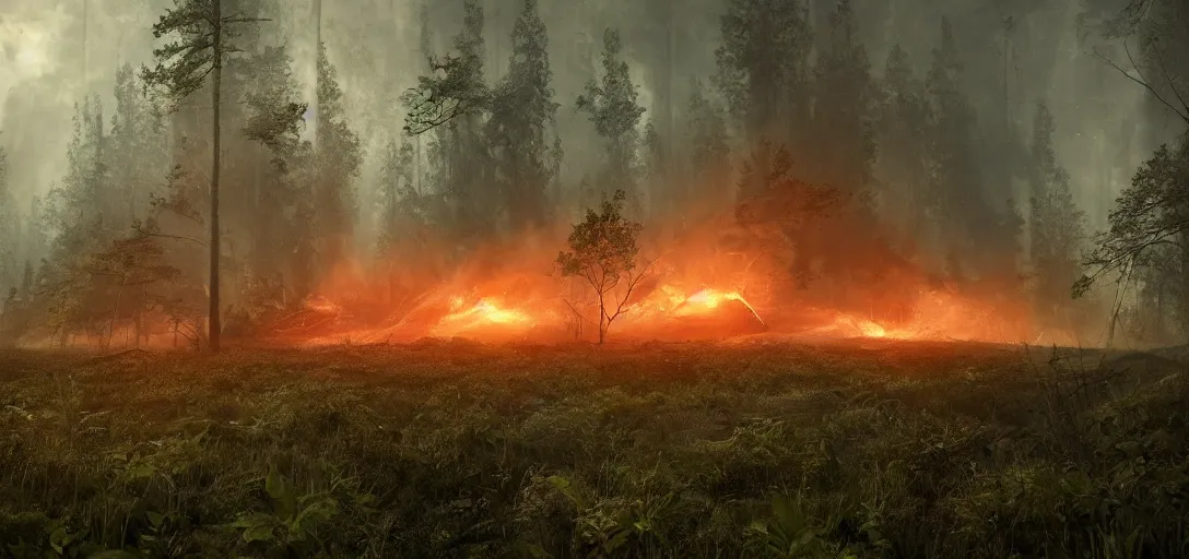 Image similar to cinematic, panorama, spaceship crashed overgrown vegetation, boreal forest, a storm of fire raining down, sharp focus, wideshot ultrawide angle epic scale, dynamic dramatic dark moody lighting, shadows, cinematic atmosphere, artstation, hyperrealistic 3 d digital art, octane render, 8 k 4 k uhd image