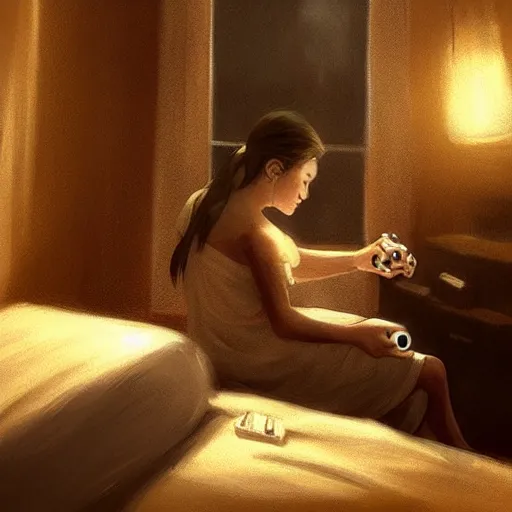 Image similar to Epic portrait a woman playing videogames in her room during nighttime, blurred backround, city window view, white t shirt and brown bang hair, digital painting, artstation, concept art, soft light, hdri, smooth, sharp focus, illustration, fantasy, intricate, elegant, highly detailed, D&D, matte painting, in the style of Greg Rutkowski and Alphonse Mucha and artemisia, 8k, highly detailed, jurgens, rutkowski, bouguereau, pastoral, rustic, georgic