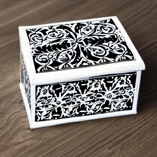 Prompt: ornate box design modern black and white color scheme, zeff style