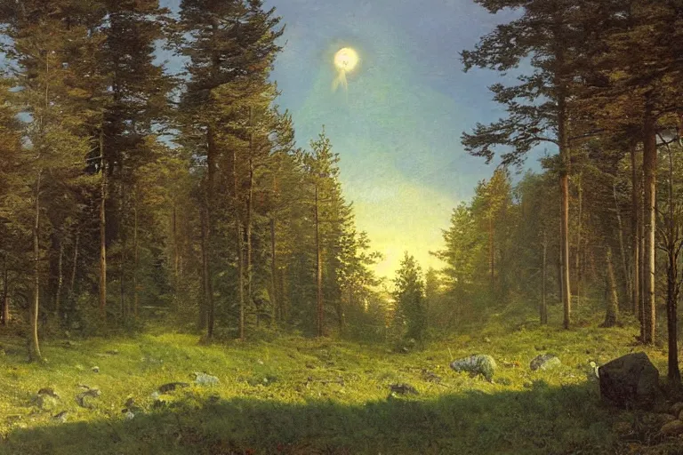 Image similar to a matte painting of morning in the woods by Konstantin Vasilyev