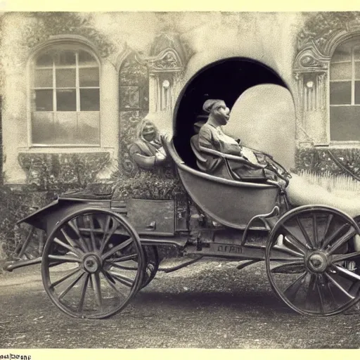 Prompt: dinosaurs driving cars, victorian photo,