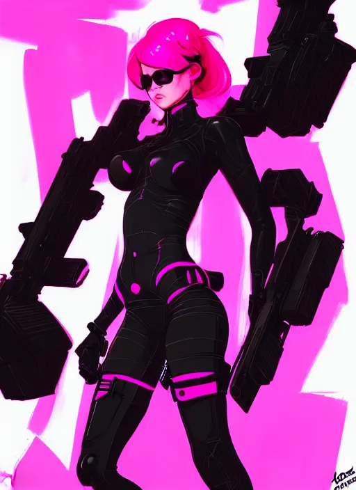 Prompt: female boss, wide angle view, neon pink and black color scheme, highly detailed, artgerm, cushart krenz, metal gear solid style, trending on artstation, soft light, sharp focus, illustration, character design, concept art