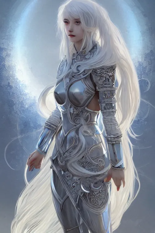 Image similar to portrait white hair knights of Zodiac girl, Sliver ice color reflected armor, in ruined Agora of Athens Sunrise, ssci-fi and fantasy, intricate and very very beautiful and elegant, highly detailed, digital painting, artstation, concept art, smooth and sharp focus, illustration, art by tian zi and WLOP and alphonse mucha