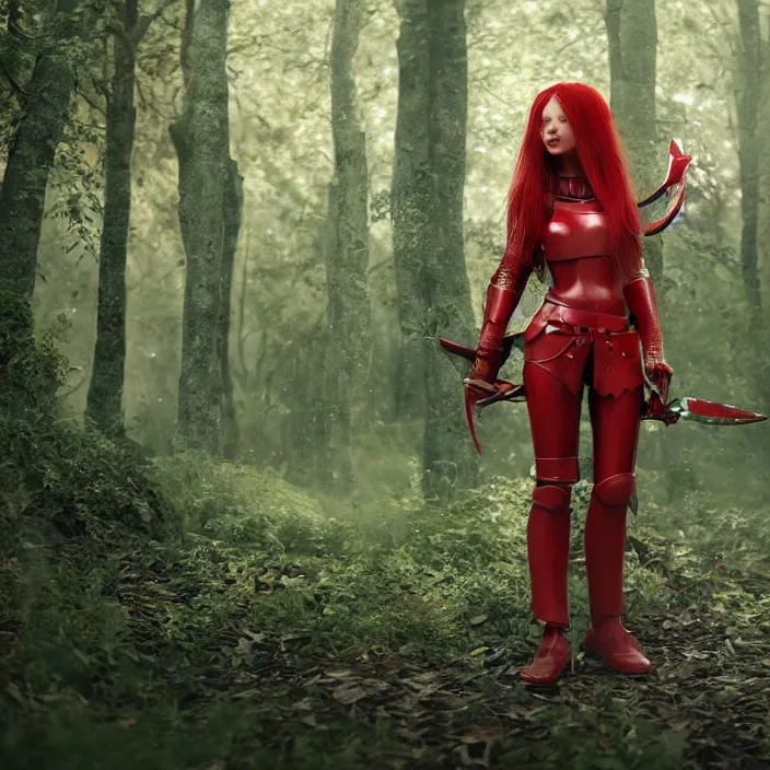 Prompt: a girl with long red hair wearing a red plate armor and holding a big red toothed sword in a forest, 3d render, octane render, unreal engine 5, 8k hdr, hyperrealistic, highly detailed, high quality, concept art, trending on Artstation, full-body armor,