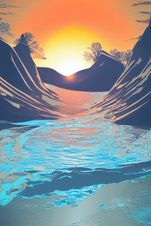 Image similar to sunrise mountain water vector illustration digital art by samuel smith trending on artstation