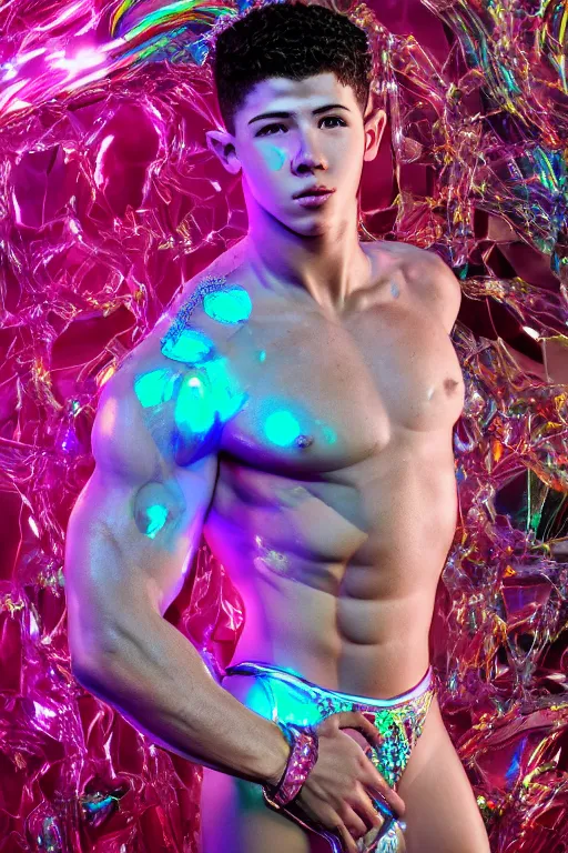 Image similar to hyper detailed ultra sharp fullbody photo of baroque and cyberpunk transparent pink gem sculpture of a muscular seductive young nick jonas feeling muy cachondo, muy dotado, iridescent humanoid deity wearing pink plastic seethrough cloak, holding a rainbow tiger gem, blue diamond, glowing pink face, crown of white diamonds, cinematic lighting, photorealistic, octane render 8 k