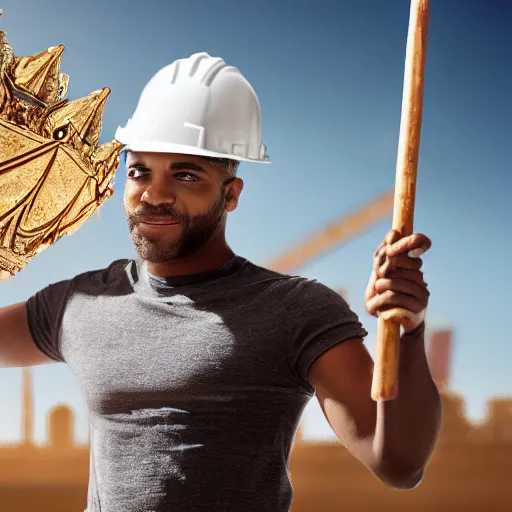 Prompt: a person wearing a crown who is supervising on a construction site and a leader of the team. holding a spear