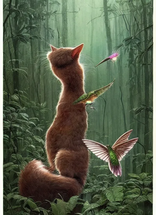 Image similar to a hyper realistic illustrated cat with playing with a hummingbird on its paw in the woods gorgeous lighting, lush forest foliage painting by chiara bautista and beksinski and norman rockwell and greg rutkowski weta studio, and lucasfilm