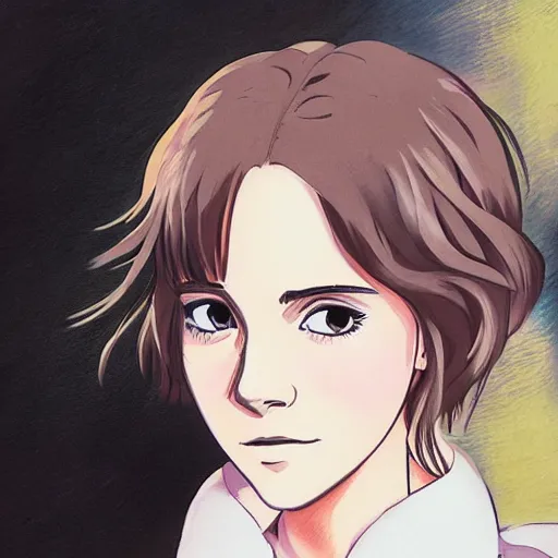 Image similar to a portrait painting of emma watson as anime girl by studio ghibli