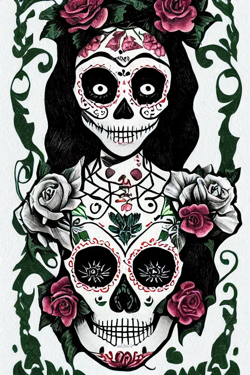 Prompt: Illustration of a sugar skull day of the dead girl, art by metzinger