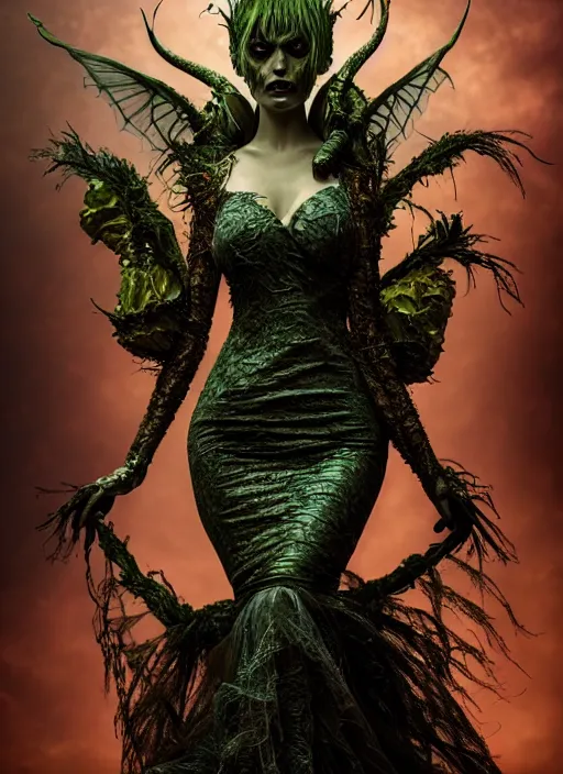 Image similar to expressive full body photo of demoness, dress made of cabbages, glamour shot, by karol bak, stefan gesell, photorealistic, nikon d 4 x, fashion photography, hyper maximalist, elegant, ornate, luxury, elite, environmental portrait, symmetrical features, octane render, unreal engine, solid dark grey background, dramatic lights