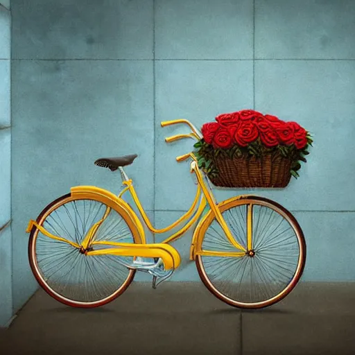 Prompt: a beautiful stunning fantasy digital matte painting of a vintage yellow Schwinn bicycle with a basket of red roses on the front propped up against a blue wall, anime documentary style by Grzegorz greg rutkowski and Studio Ghibli, nostalgic heart-warming, trending on artstation hq