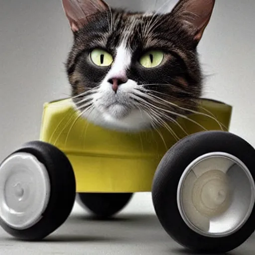 Prompt: a cat with wheels instead of legs