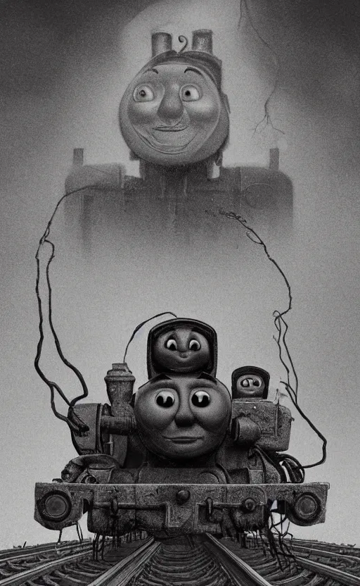 Image similar to thomas the tank engine in style of zdzisław beksinski, extremely dramatic lighting, 8 k, tendrils, black, darkness, black slime tendrils, infected, rust, body horror, thomas the train, thomas the tank engine face, horror,