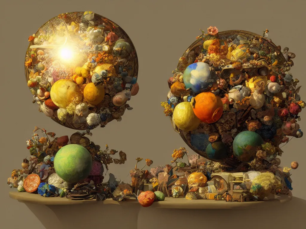 Image similar to 3 d render, sunlight study, the universe is a spheroid region 7 0 5 meters in diameter, art nouveau, by cornelis de heem and ( ( ( ( ( lisa frank ) ) ) ) ), 8 k, sharp focus, octane render