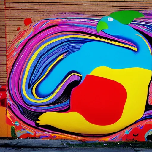 Prompt: by howard schatz, by richard scarry mild. a beautiful street art of a large, colorful bird with a long, sweeping tail. the bird is surrounded by swirling lines & geometric shapes in a variety of colors