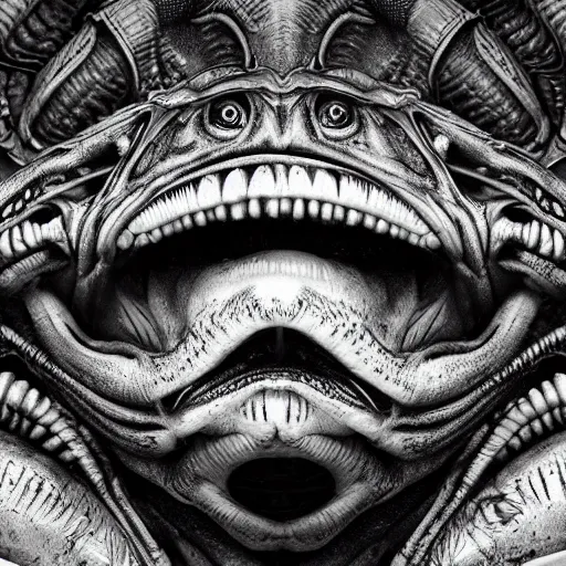 Prompt: xenomorph alien frog, frog head, alien by artist giger, bones background, intricate, concept art for movie, black and white colors, extreme detail, 4 k, detailed concept art, cgsociety, realistic lighting, sharp focus, backlit