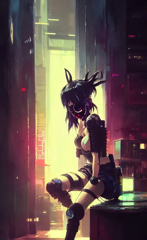 Image similar to cyberpunk anime girl sit in a night bar, cyberpunk oni mask, 3 / 4 shot, street night, beautiful face, grafity, arcane, action, detail, good face, pose model, concept art, in style of yoji shinkawa, pan ren wei, col price, atey ghailan, by greg rutkowski, aesthetic, digital painting