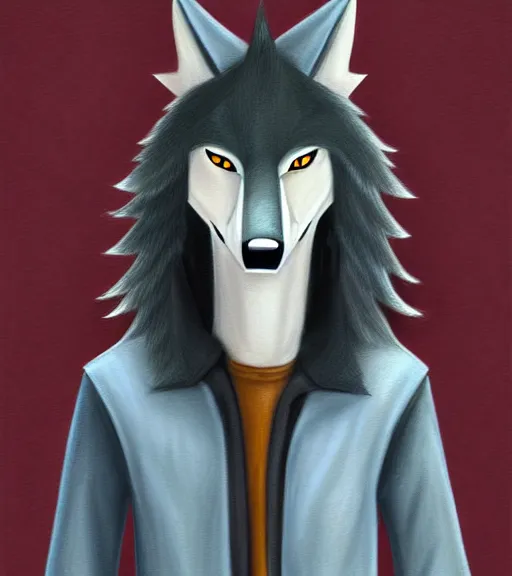 Image similar to expressive stylized master furry artist digital colored pencil painting full body portrait character study of the sergal wolf small head fursona animal person wearing clothes jacket and jeans by master furry artist blotch