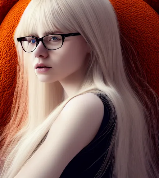 Prompt: award winning art of a beautiful detailed young woman with long blonde hair and a fringe, wearing thin large round glasses, wearing dark clothing, holding a very large fluffy orange and white cat, trending artstation, digital art, award winning art, aesthetic, 4K, realistic, octane render, Photograph