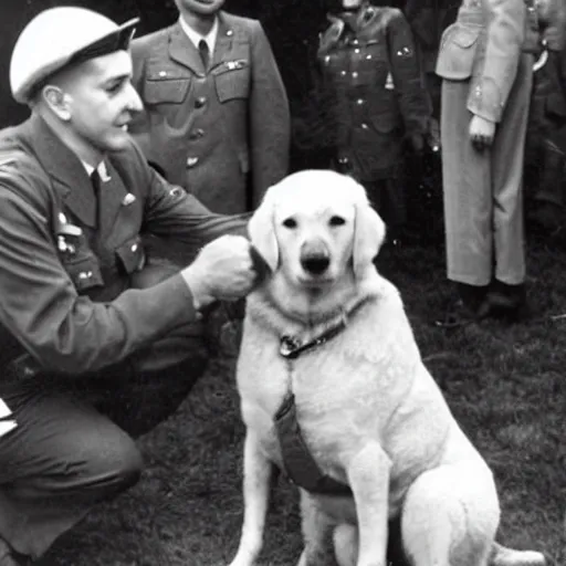 Prompt: a golden retreiver being awarded for his service in wwii