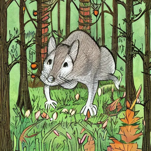 Prompt: maus in forest, by rivuletpaper, rivuletpaper art, fairy tale illustrations, very detailed,