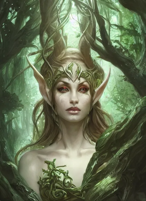 Prompt: vraska, nissa, voice of alabaster, a powerful and beautiful gorgon elf planeswalker in a forest, intricate, elegant, sharp focus, illustration, highly detailed, digital painting, concept art, matte, headshot, portrait, art by wlop and artgerm and greg rutkowski, magali villeneuve