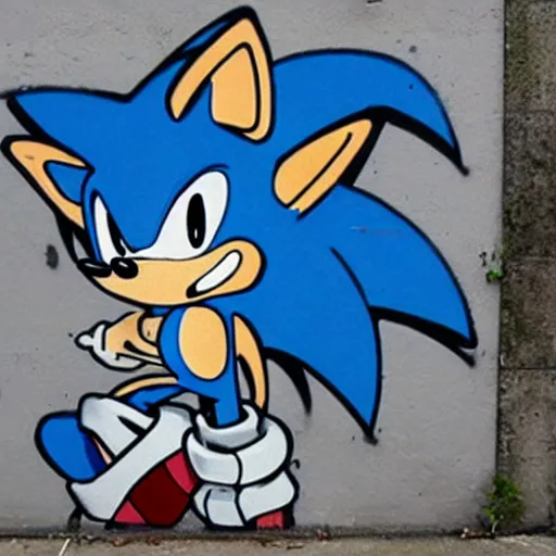 Prompt: graffiti of sonic the hedgehog, by banksy