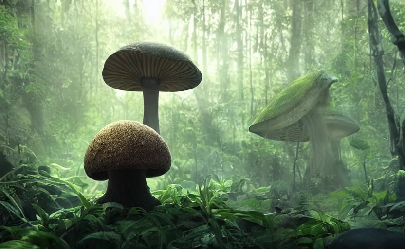 Image similar to a beautiful render of an alien mushroom growing out of a human a skull in a rainforest, sunset lighting, intricate detail, hazy, humid, volumetric lighting, god rays, 8 k, photorealistic, raytracing effects, unreal engine 5