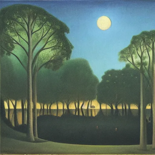 Image similar to central park at night, henri rousseau painting, moon light, teal palette