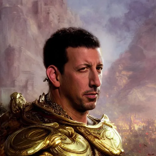 Image similar to detailed realistic cinematic wide shot of beautiful attractive muscular adam sandler as roman empreror gold chain wearing royal red clothes slim face symettrical face clean skin black eyes black robe smooth, sharp focus, ultra realistic, spring light, painting by gaston bussiere, craig mullins, j. c. leyendecker