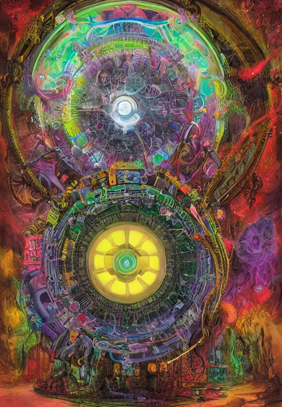 Image similar to colorful medical equipment, cameras, radiating, neon light mandala, portal, minimalist environment, by ryan stegman and hr giger and esao andrews and maria sibylla merian eugene delacroix, gustave dore, thomas moran, the movie the thing, modern art, claes oldenburg, saturated