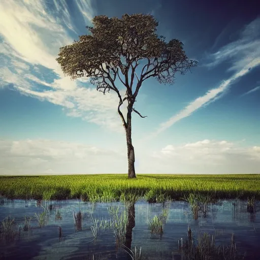 Prompt: flooded plains landscape. solitary tree. clear sunny day at noon. elevated grass islands up close. grass islands. flood waters. max rive, 1 6 megapixel, instagram, landscape, hdri, light blue sky