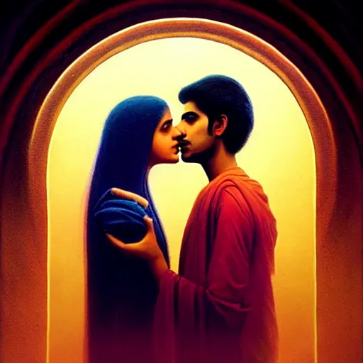 Image similar to perfectly - centered movie promotional poster - photograph of a young indian guy and a beautiful girl side profile faces symmetrical ; real life portrait by beksinski and jean delville, romantic theme, two lovers sharing one heart, unreal engine 5, photorealism, hd quality, 8 k resolution, cinema 4 d, hdr dramatic lighting ; symmetrical, cinematic, high coherence