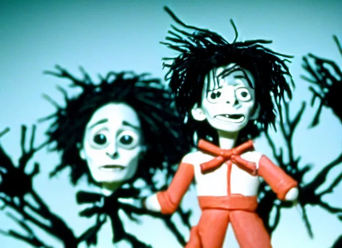 Image similar to cinematic screenshot cinestill portrait of a stop motion claymation film, edward scissorhands, in focus, shallow depth of field, 1 8 mm, f 1. 8, sharp details