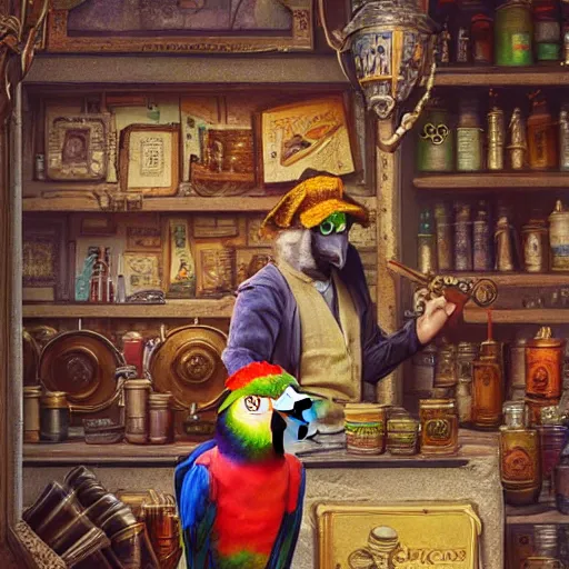 Image similar to A Anthropomorphized parrot trader in his shop, selling his wares, portrait, items, gold, carpet, window, sly expression, cunning expression, D&D, fantasy, intricate, cinematic lighting, highly detailed, digital painting, artstation, concept art, smooth, sharp focus, illustration, magic the gathering artwork, art by Akihiko Yoshida, Greg Rutkowski