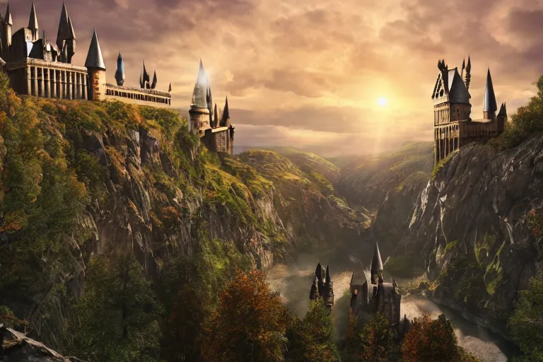 Prompt: Harry potter looking down to Hogwarts, happy after a long fight, photo-realistic, golden hour, epic