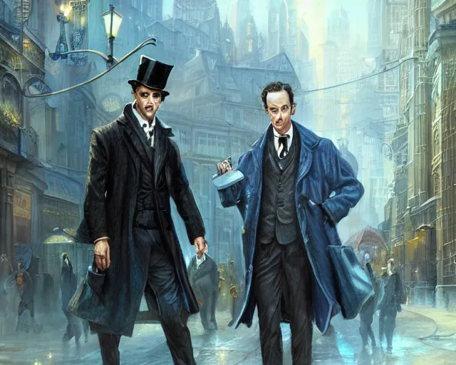 Prompt: sherlock holmes in a futuristic city street, cool, detailed, realistic, digital art, hd, by alayna lemmer, by tom bagshaw, by fintan magee