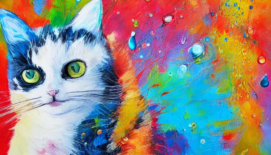 Image similar to cat, painting on canvas, watedrops, water droplets, acrylic painting, acrylic pouring, painting, influencer, artstation - h 8 0 0