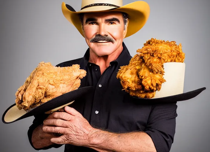 Image similar to studio portrait photo still of 3 0 year old burt reynolds at age 3 0 3 0 years old!!!! wearing a cowboy hat holding a bucket of fried chicken, 8 k, 8 5 mm f 1. 8, studio lighting, rim light, right side key light