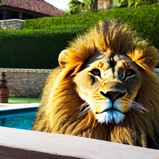 Image similar to a very detailed photo of a lion ( smoking a cigar ) outside the mansion by the pool