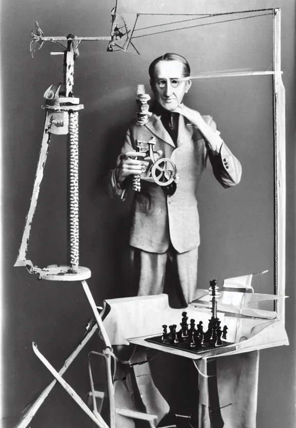 Image similar to marcel duchamp holding up a chess - piece wire - machine, a surrealist painting by marcel duchamp, complex artificial - intelligence machinery, flickr contest winner, studio portrait, 1 9 2 0 s