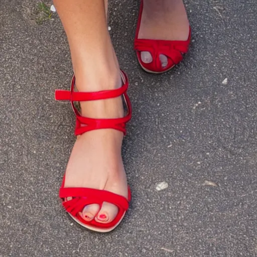 Prompt: a foot model wearing red sandals