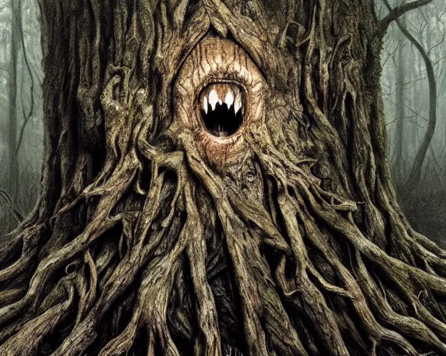 Image similar to a talking oak tree, huge face in the bark, eyes in the bark, mouth in the bark, horror concept art, sharp teeth, digital painting, oil painting, hyperrealistic, treebeard, ent, undead, fantasy monster, moonlight, in the forest, by alan lee, by artgerm