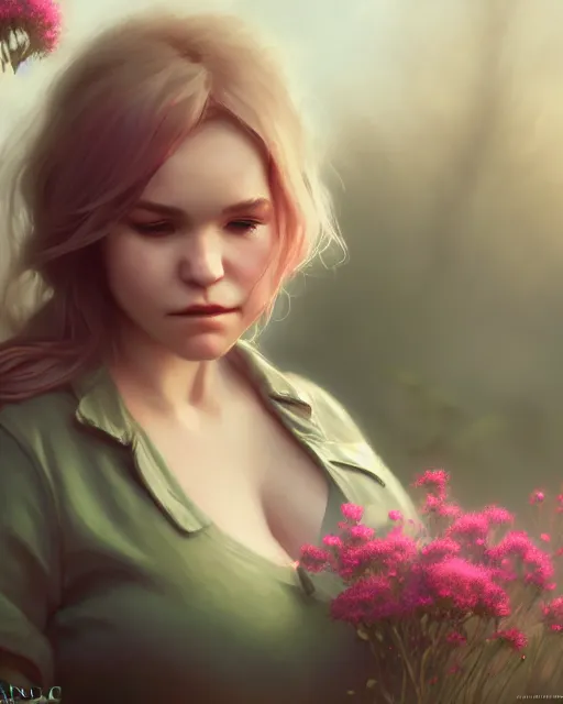 Image similar to tuesday weld surrounded by mist and pretty flowers, very detailed, realistic face, detailed face, matte, tonemapping, bbwchan, perfection, 4 k, cushart krenz, cinematic, atmospheric