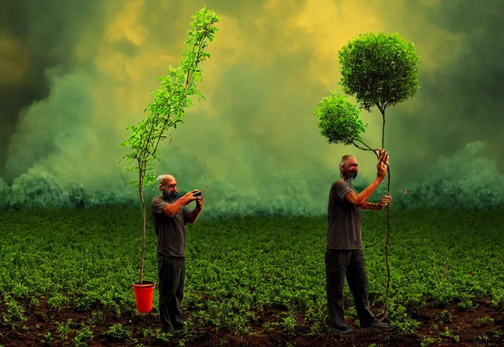 Image similar to a man watering the last plant on earth as the world burns, green leaves, apocalyptic background, smoke, doomsday art