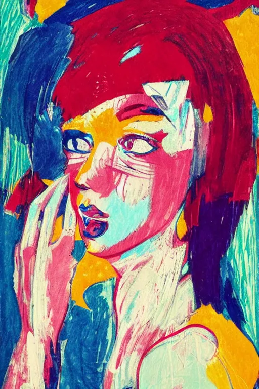 Prompt: 🤤 girl portrait, abstract, rich in details, broken composition, coarse texture, concept art, visible strokes, colorful, art by Kirchner, Gaughan, Caulfield, Aoshima, Earle