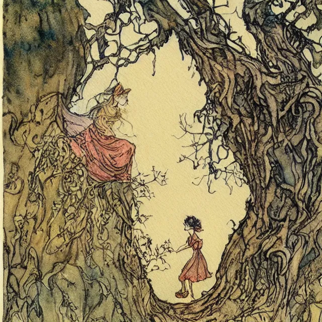 Image similar to a detailed, intricate watercolor and ink portrait illustration with fine lines, of a young alicia vikander in a dress climbing a gnarled tree in a pumpkin patch, by arthur rackham and edmund dulac